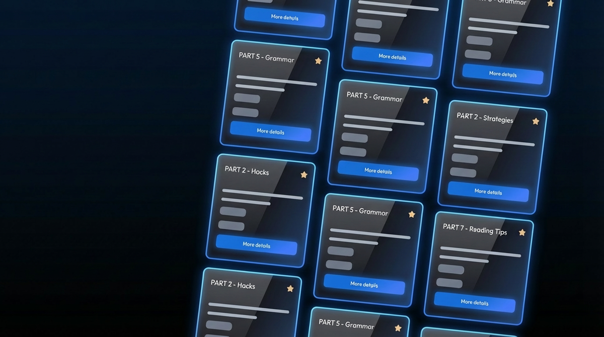 The best TOEIC tips offered by flowexam.com, covering grammar, strategies, hacks, and reading advice. The image highlights the variety of tips available to help students progress effectively and better understand each section of the test.