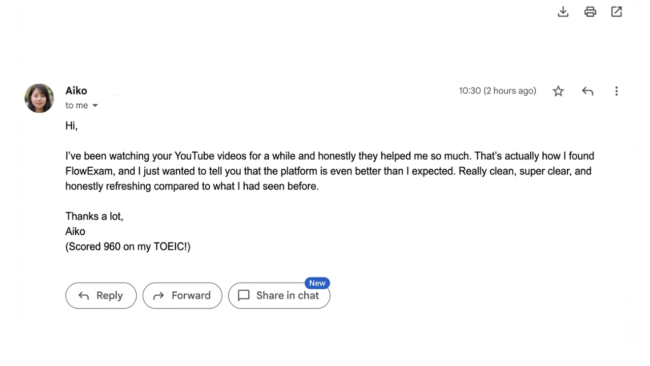 A student testimonial explaining how flowexam.com helped her improve her TOEIC score, sharing her method, her results, and her level of satisfaction after using the platform.
