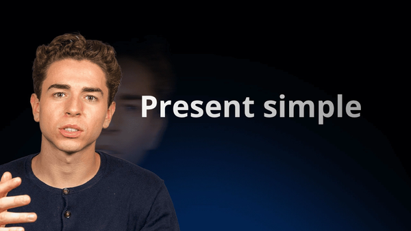flowexam.com teacher explaining present simple in English on a blackboard with examples for TOEIC® preparation