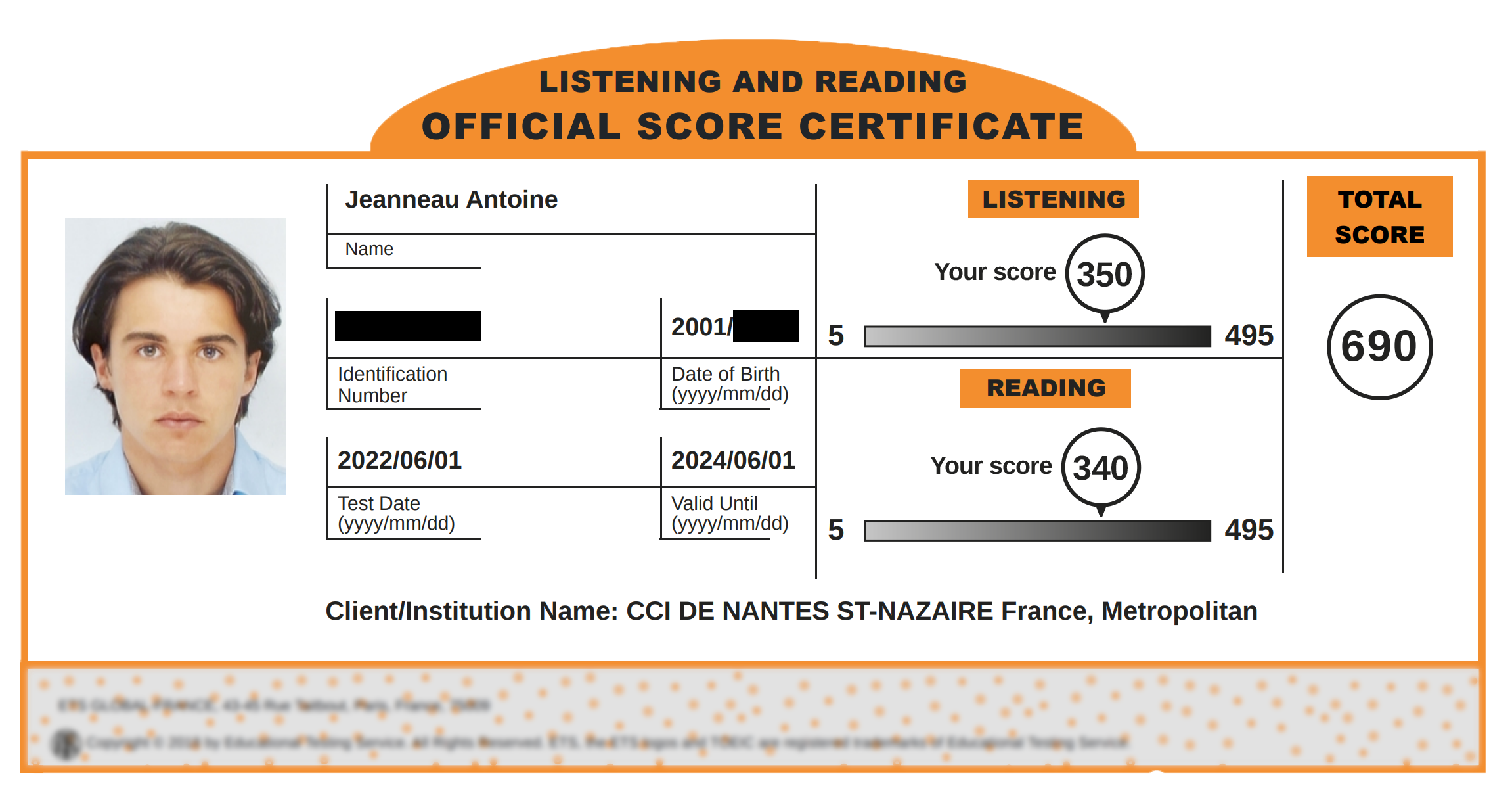 Relevé de score TOEIC® officiel de Antoine, avant : 690 points
