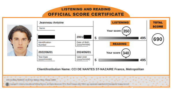 Official TOEIC Listening & Reading score certificate showing a total of 690 points, with a breakdown of the Listening and Reading sections. The image illustrates a real score example used to present the results that students can improve through the preparation offered on flowexam.com.