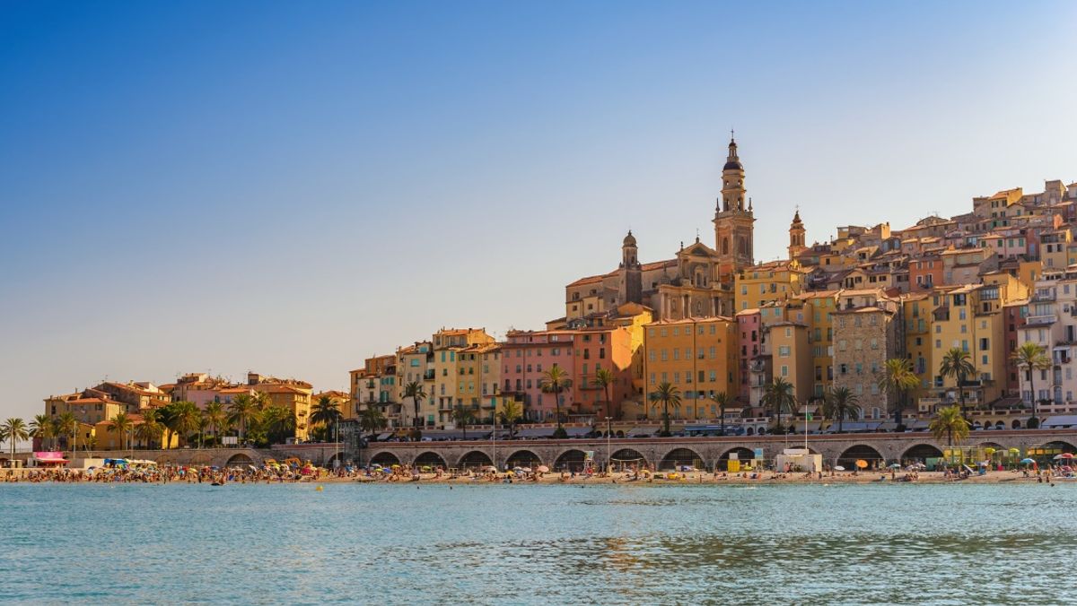 Menton beach and city skyline, Menton, France