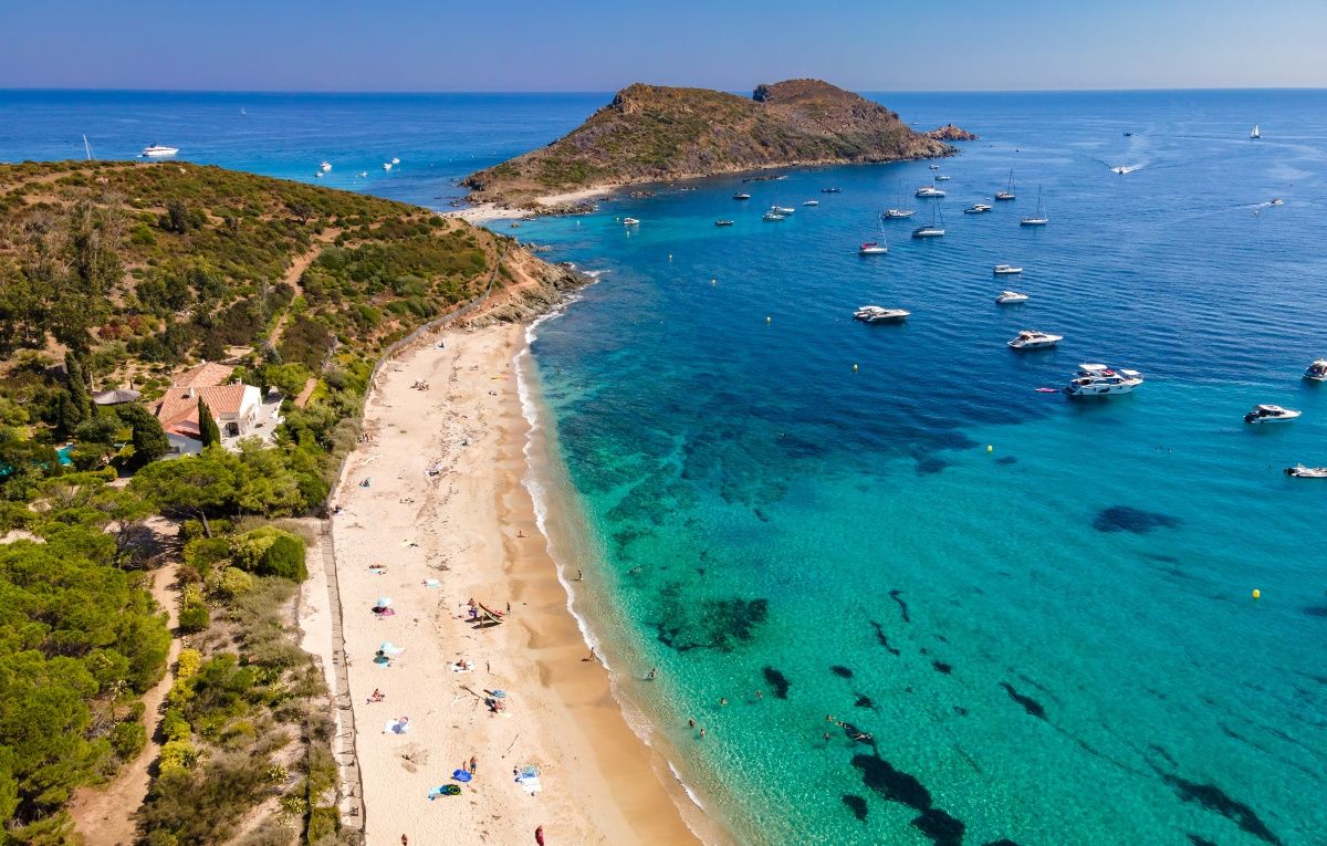 Aerial view of Briande beach and Cape Taillat in La Croix-Valmer (French Riviera, South of France)