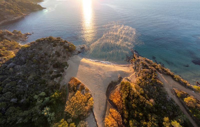 Bonporteau beach in Cavalaire-sur-Mer aerial view taken by drone at sunrise