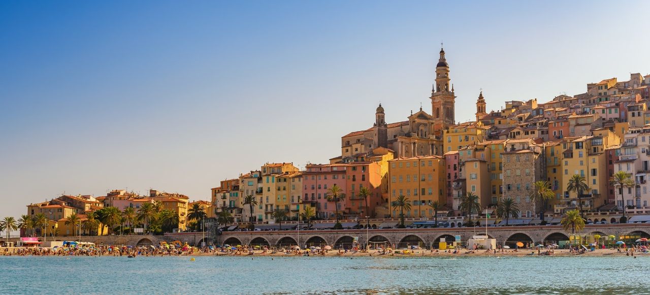 Menton beach and city skyline, Menton, France