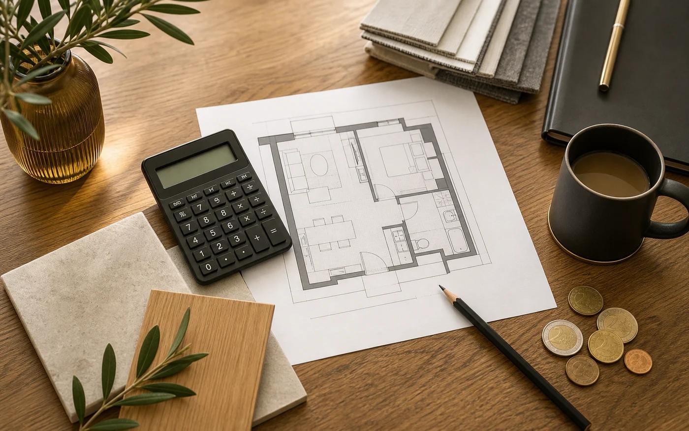 Planiranje budžeta renovacije s kalkulatorom, tlocrtom i uzorcima materijala