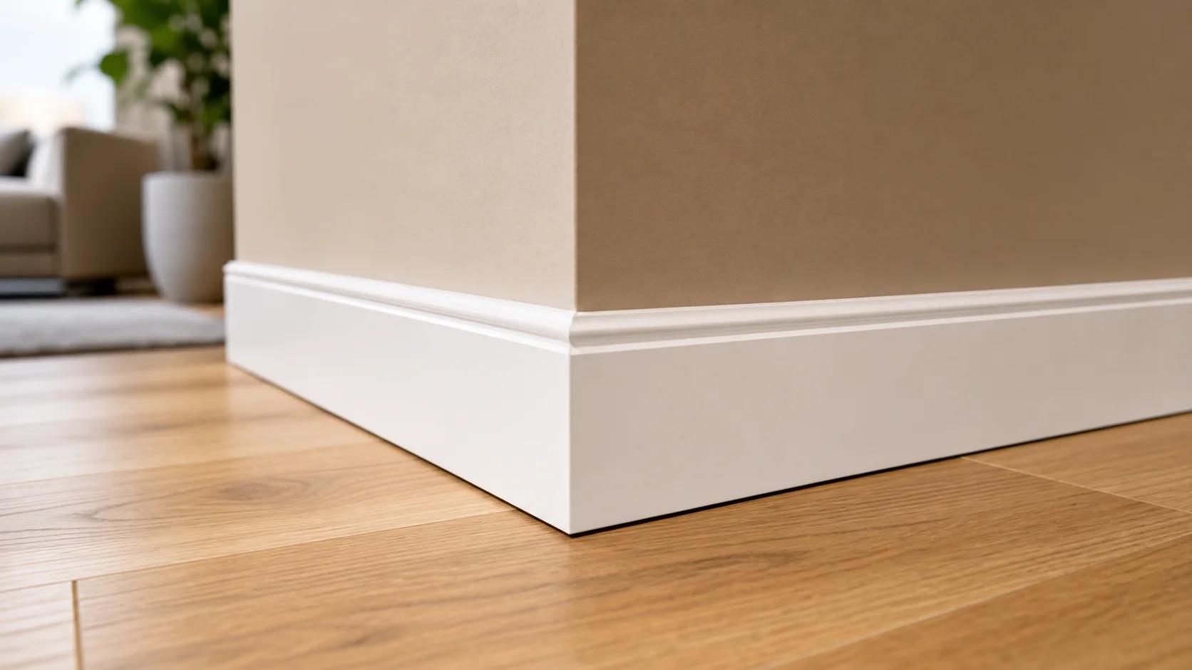 Detalj spoja poda i zida u modernom stanu - visoka bijela MDF lajsna uz drveni parket