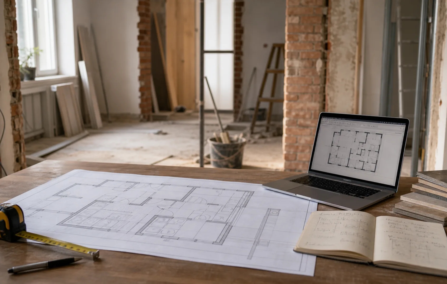 Arhitektonski nacrt stana s označenim zidovima tijekom planiranja renovacije