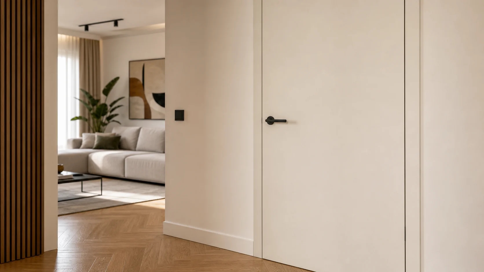 Moderna sobna vrata s futer štokom, skrivenim pantima i RAL off-white bojom u renoviranom stanu