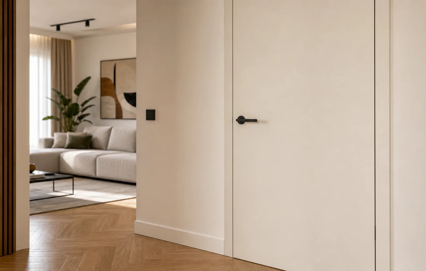 Moderna sobna vrata s futer štokom, skrivenim pantima i RAL off-white bojom u renoviranom stanu