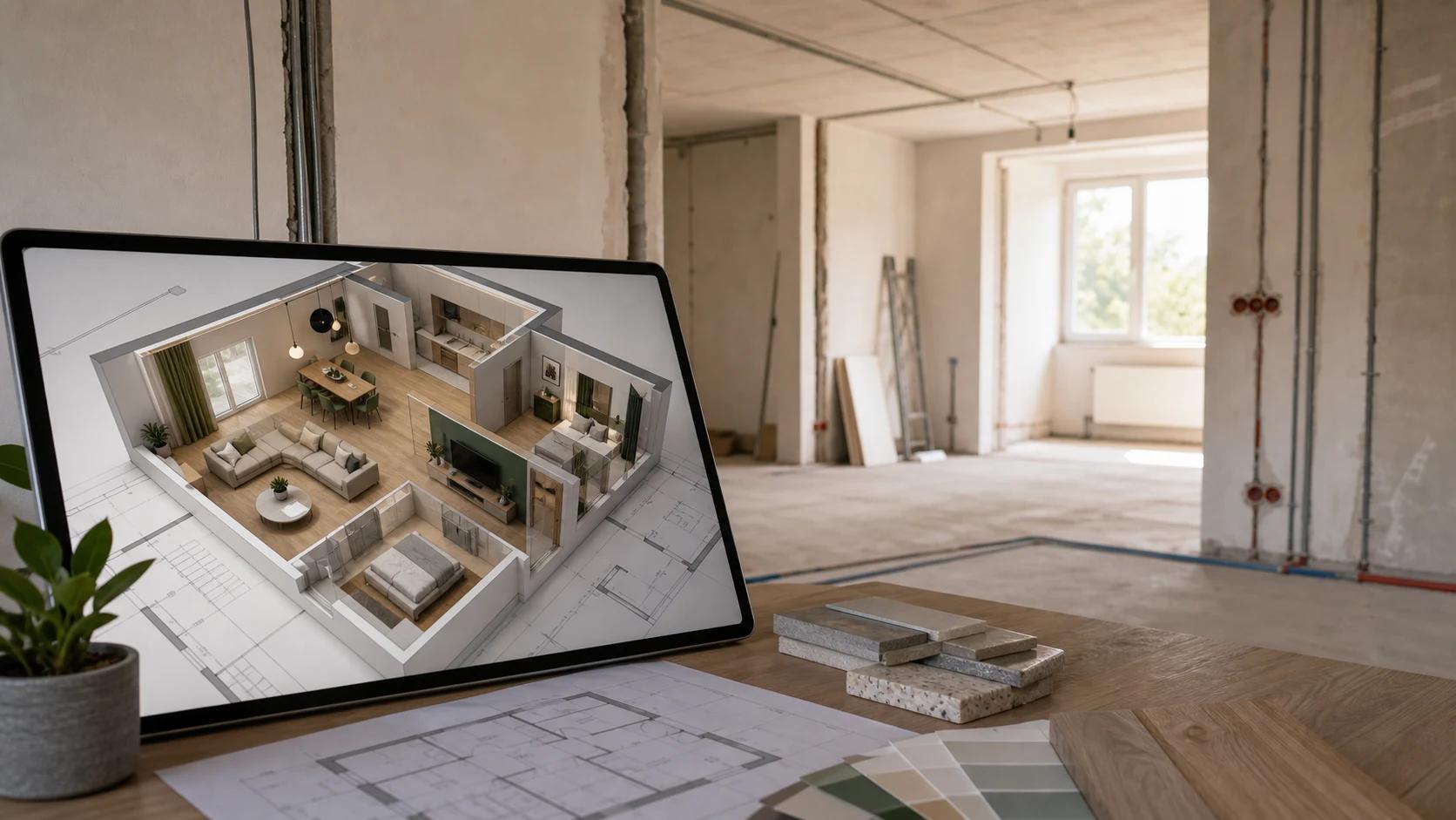 3D vizualizacija stana s ucrtanim rasporedom namještaja, instalacija i završnih obrada