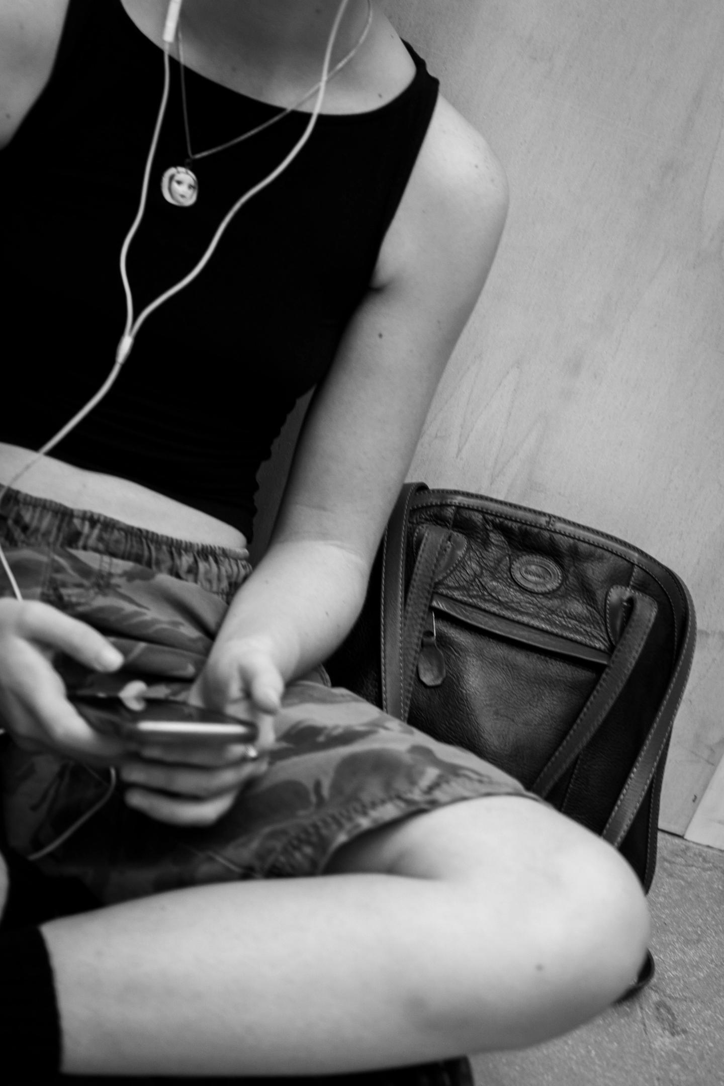 On his phone