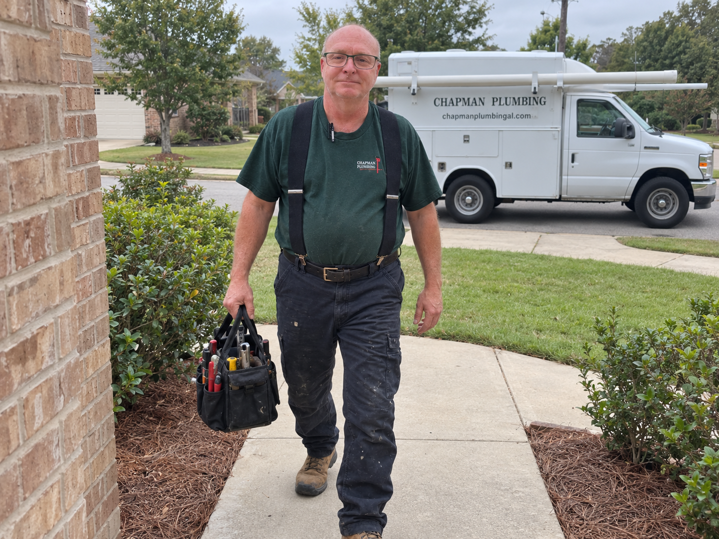 Jason walking toward a home with plumbing tools and a Chapman Plumbing service truck behind him.
