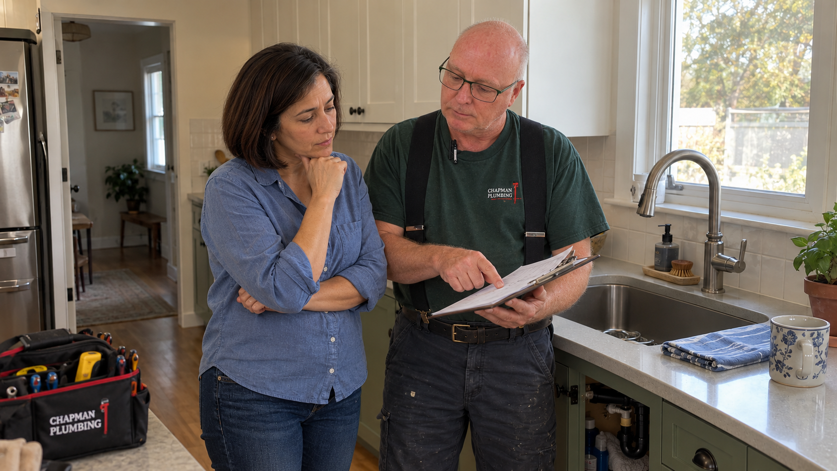 Jason reviewing plumbing repair options with a homeowner.