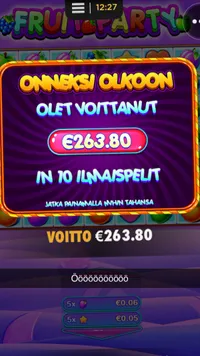 Amaya Fruit Party iso voitto Player lands impressive 1319x win on the Amaya game Fruit Party. A small 0.2€ bet paid out a total of 263.8€ at kolikkopelit.com.