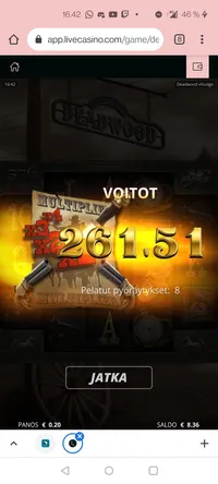Livecasino Deadwood player big win Player wins massive 1307.55x win on the Unknown game Deadwood. A small 0.2€ bet paid out a total of 261.51€ at Livecasino.