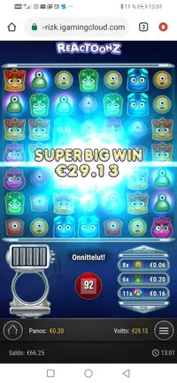 Play'N GO Reactoonz player big win Player lands massive 145.64999999999998x win on the Play'N GO game Reactoonz. A small 0.2€ bet paid out a total of 29.13€ at Rizk.