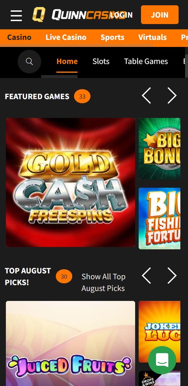 Screenshot showing mobile interface of QuinnBet casino with game lobby visible.