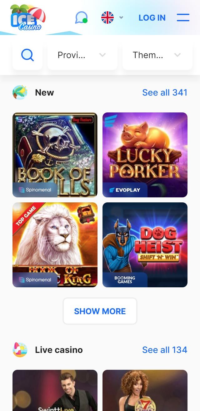 Interfejs Ice Casino pokazujący opcje bonusów