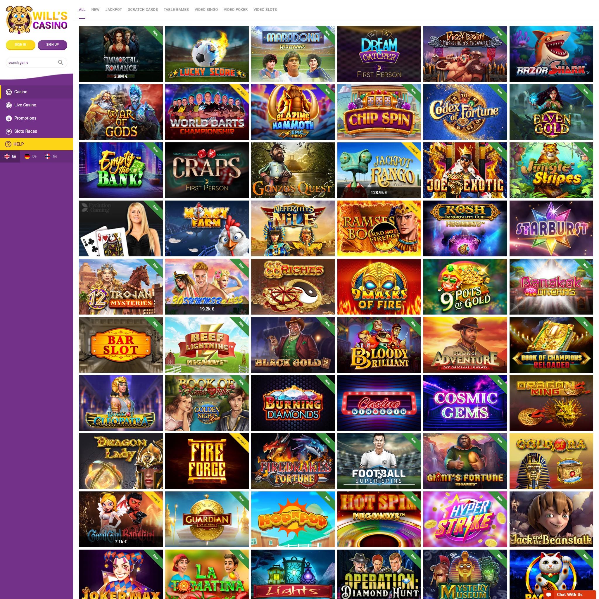 Wills Casino full games catalogue
