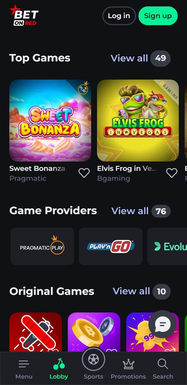 Interface mobile Betonred montrant la page de connexion et le menu des jeux