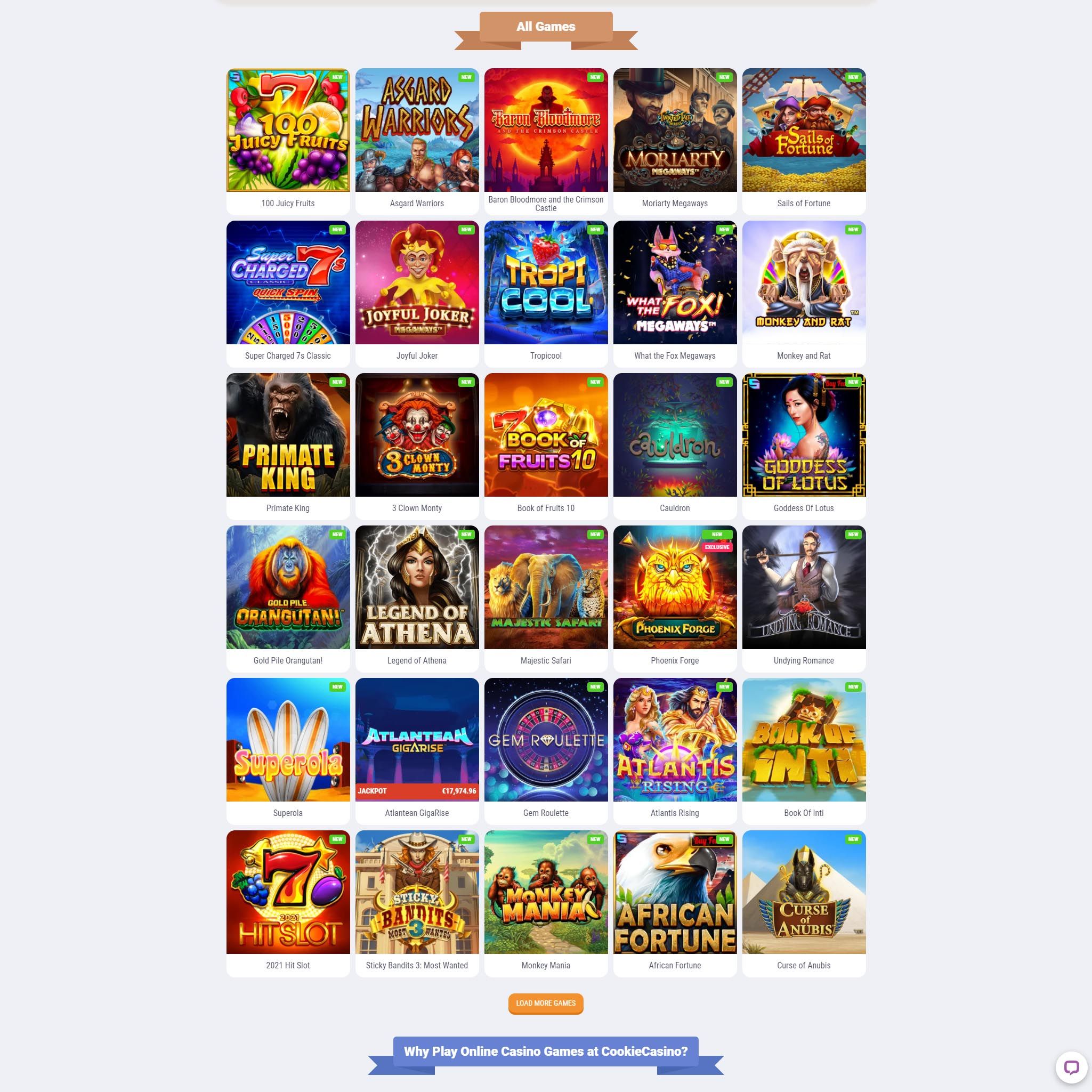 Cookie Casino game catalogue
