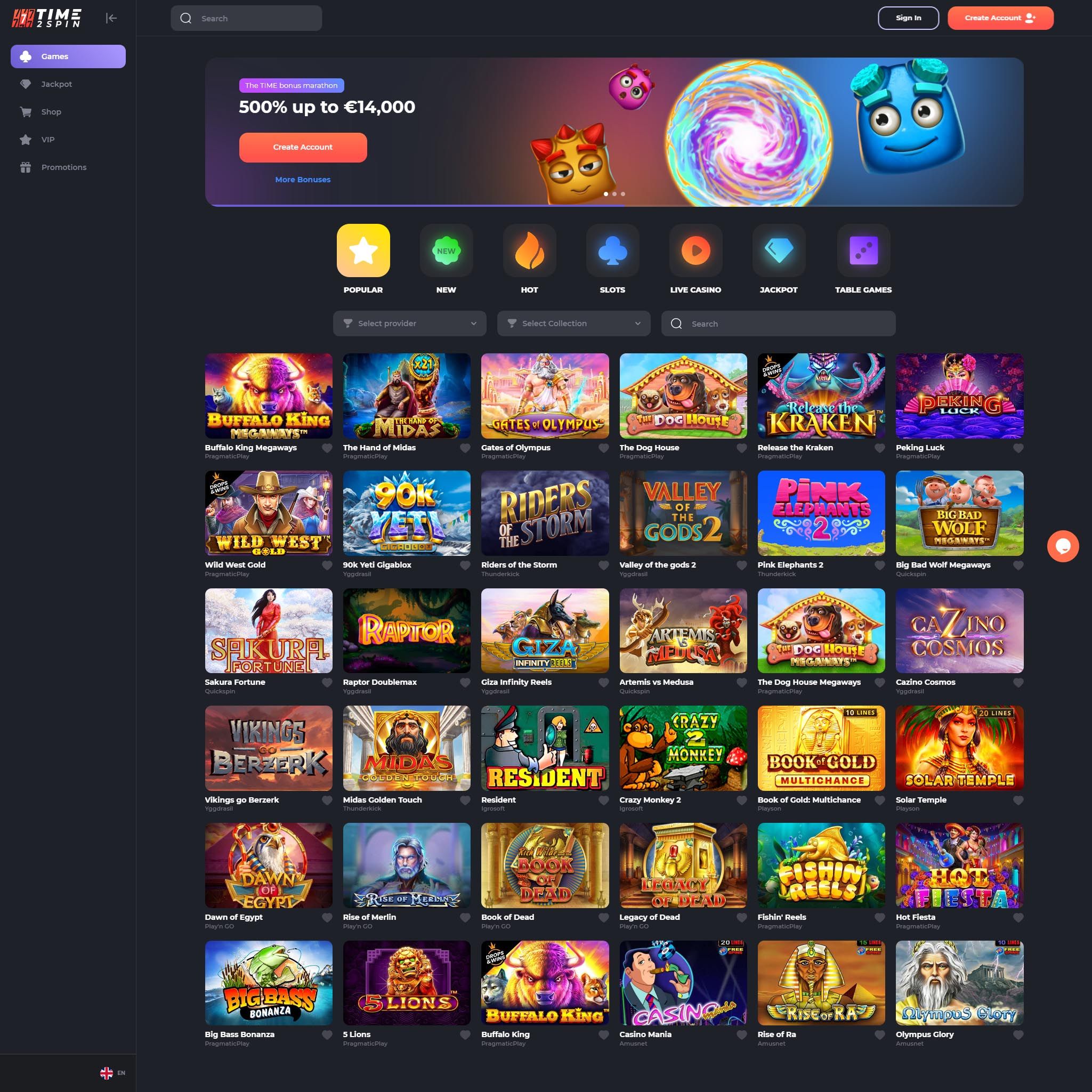 Time2spin Casino full games catalogue