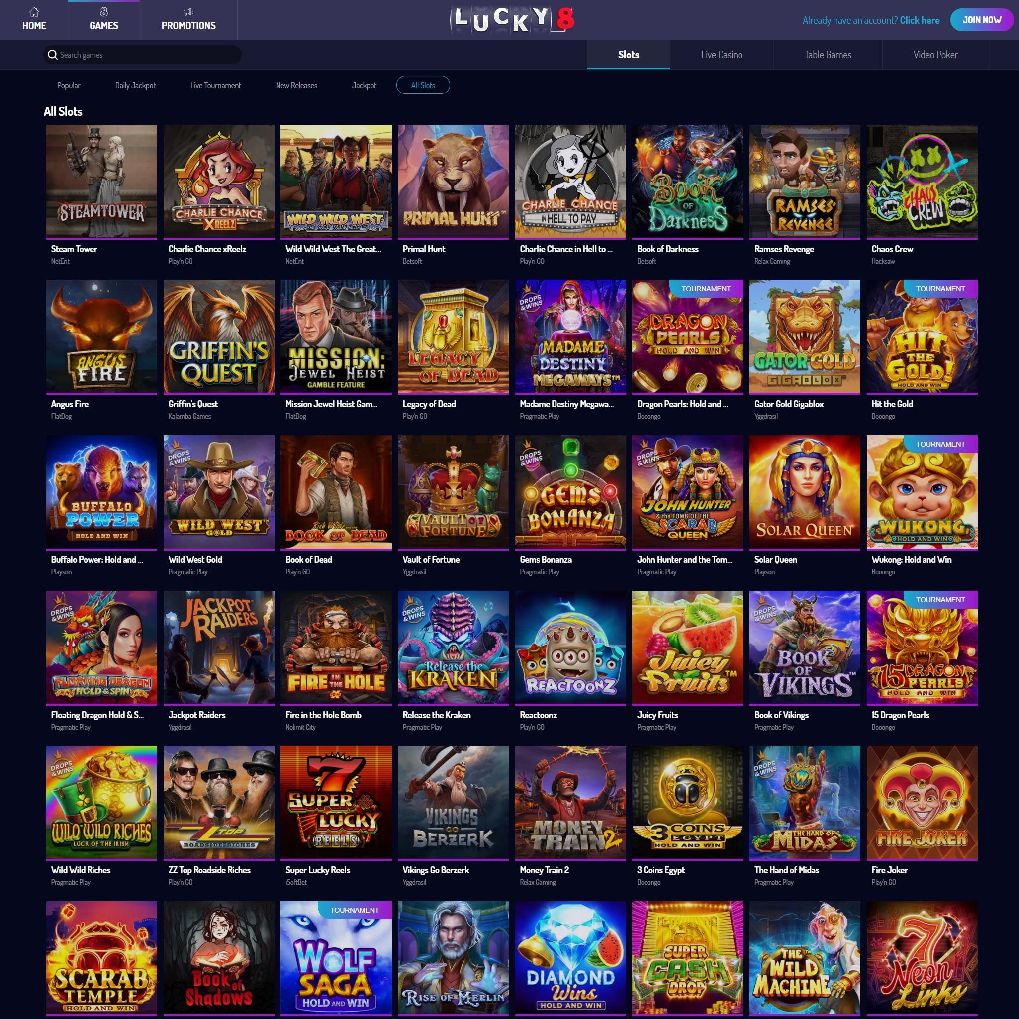 Lucky8 Casino game catalogue