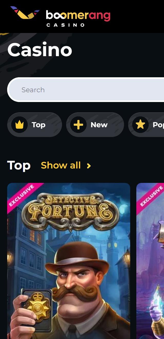 Screenshot der Boomerang Casino App auf einem Smartphone, zeigt die Spieleauswahl und das Menü