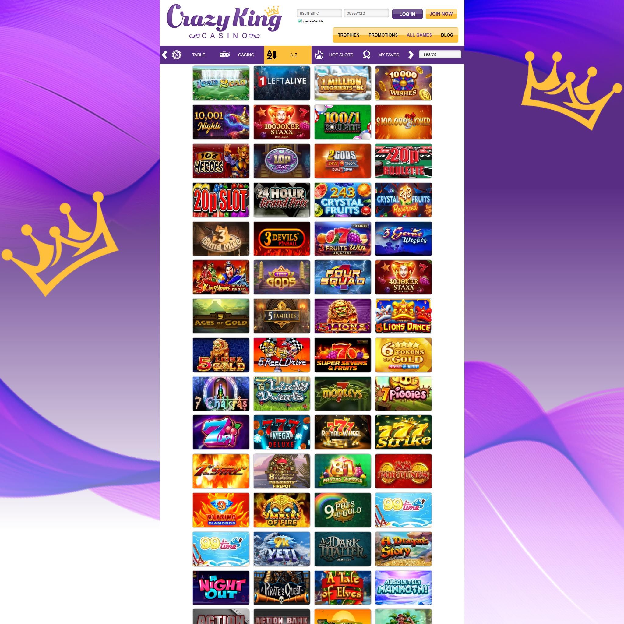 Crazy King Casino game catalogue