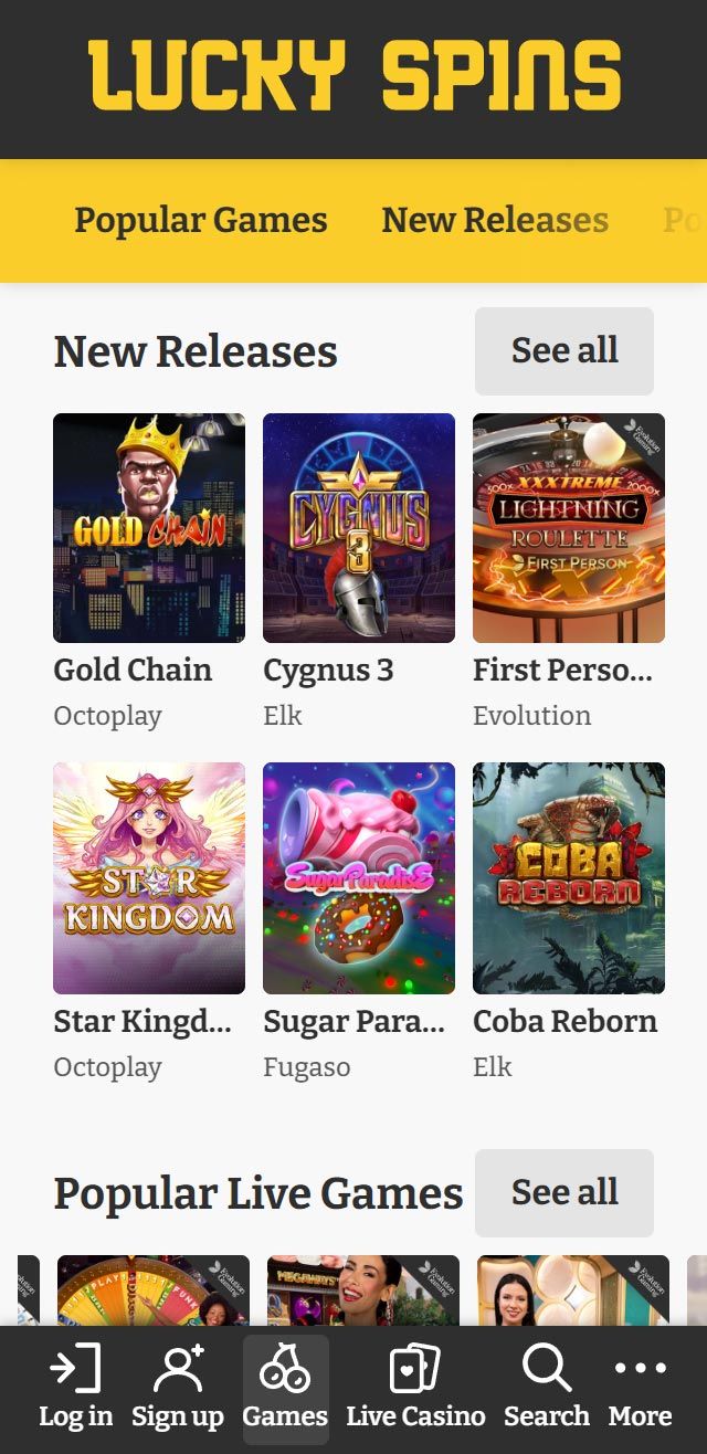Skjermdump av Lucky Spins mobilappens grensesnitt, som viser spillmenyen og knapper for innlogging.