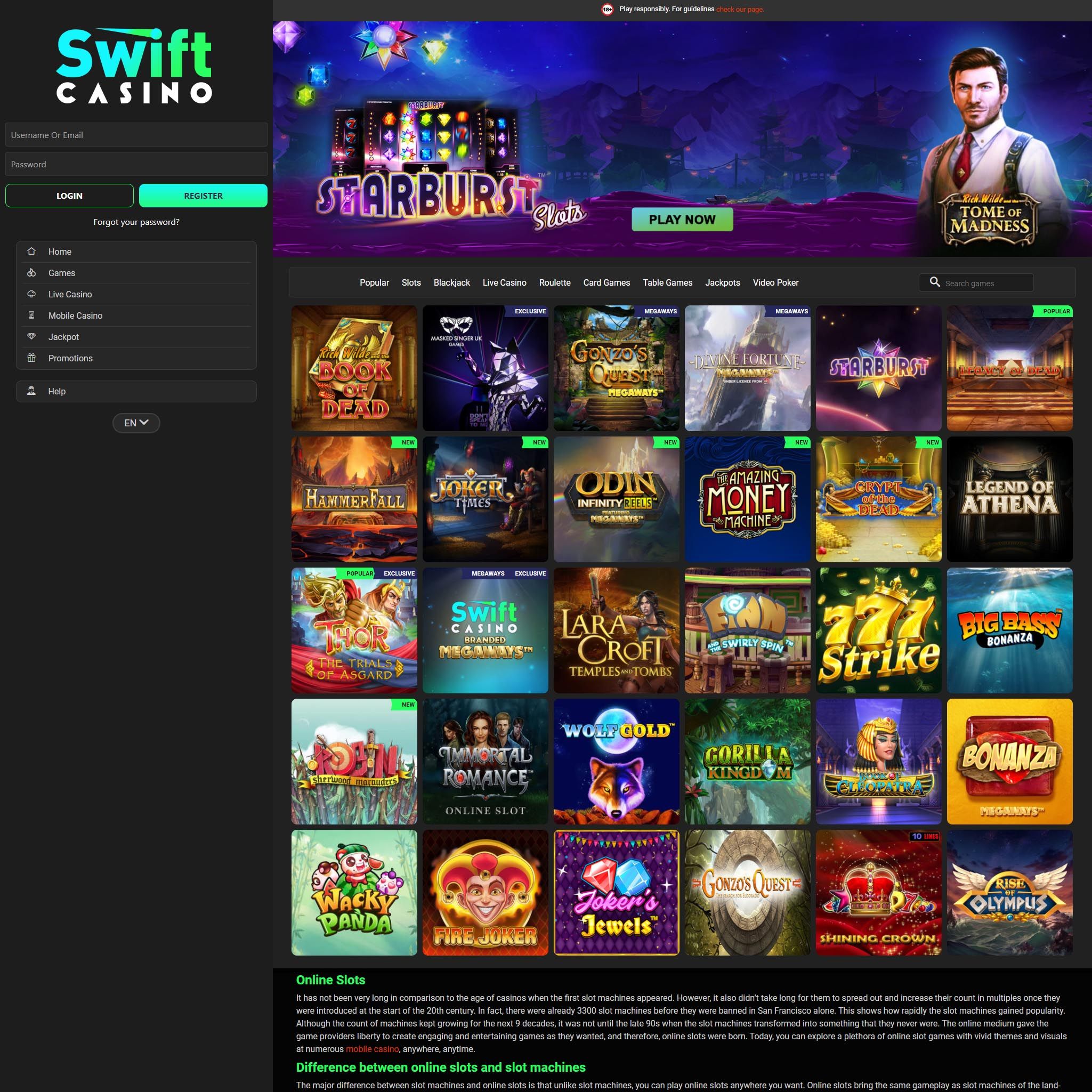 Swift Casino full games catalogue