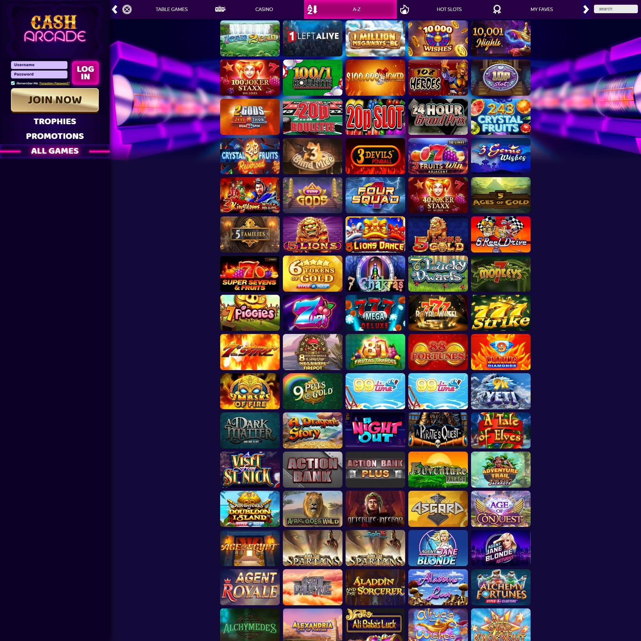 Cash Arcade Casino game catalogue