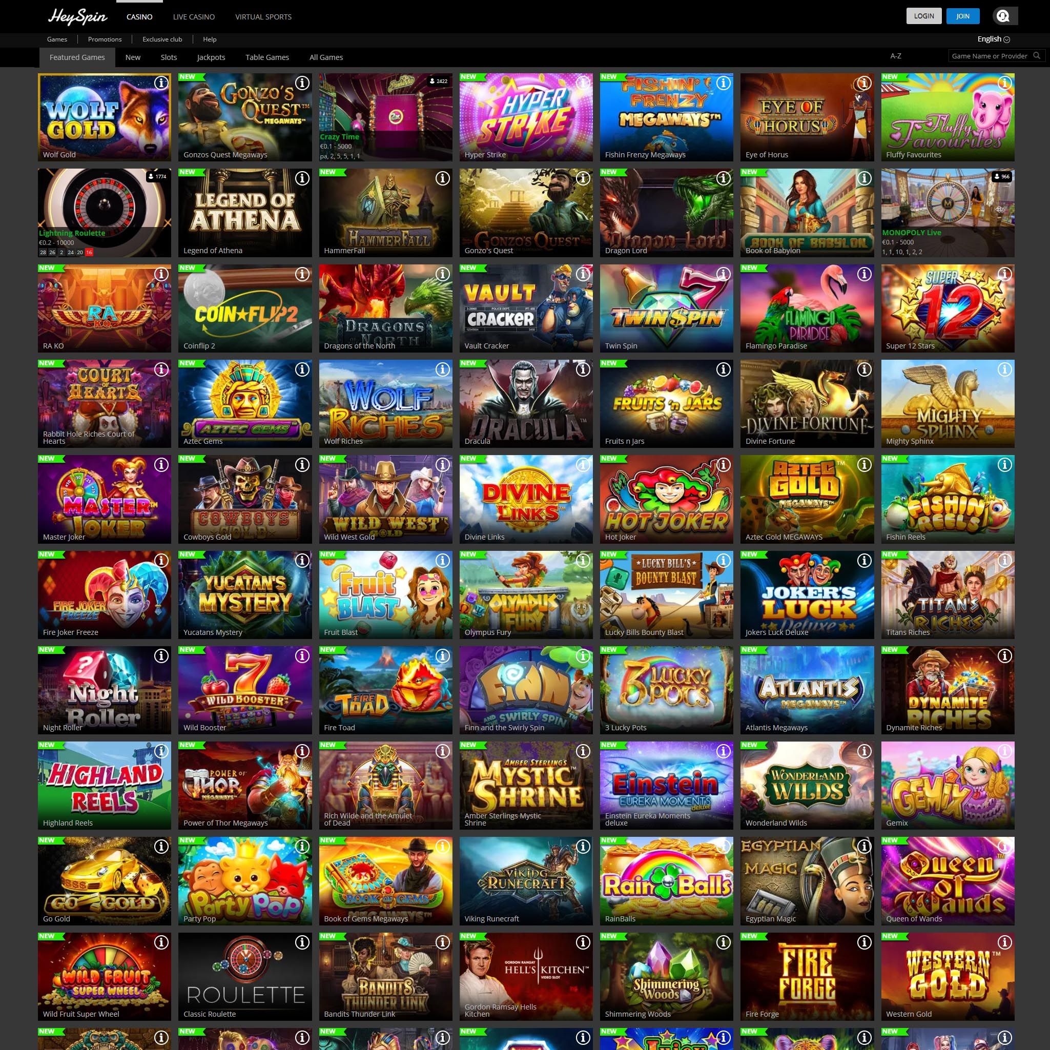 Hey Spin Casino game catalogue