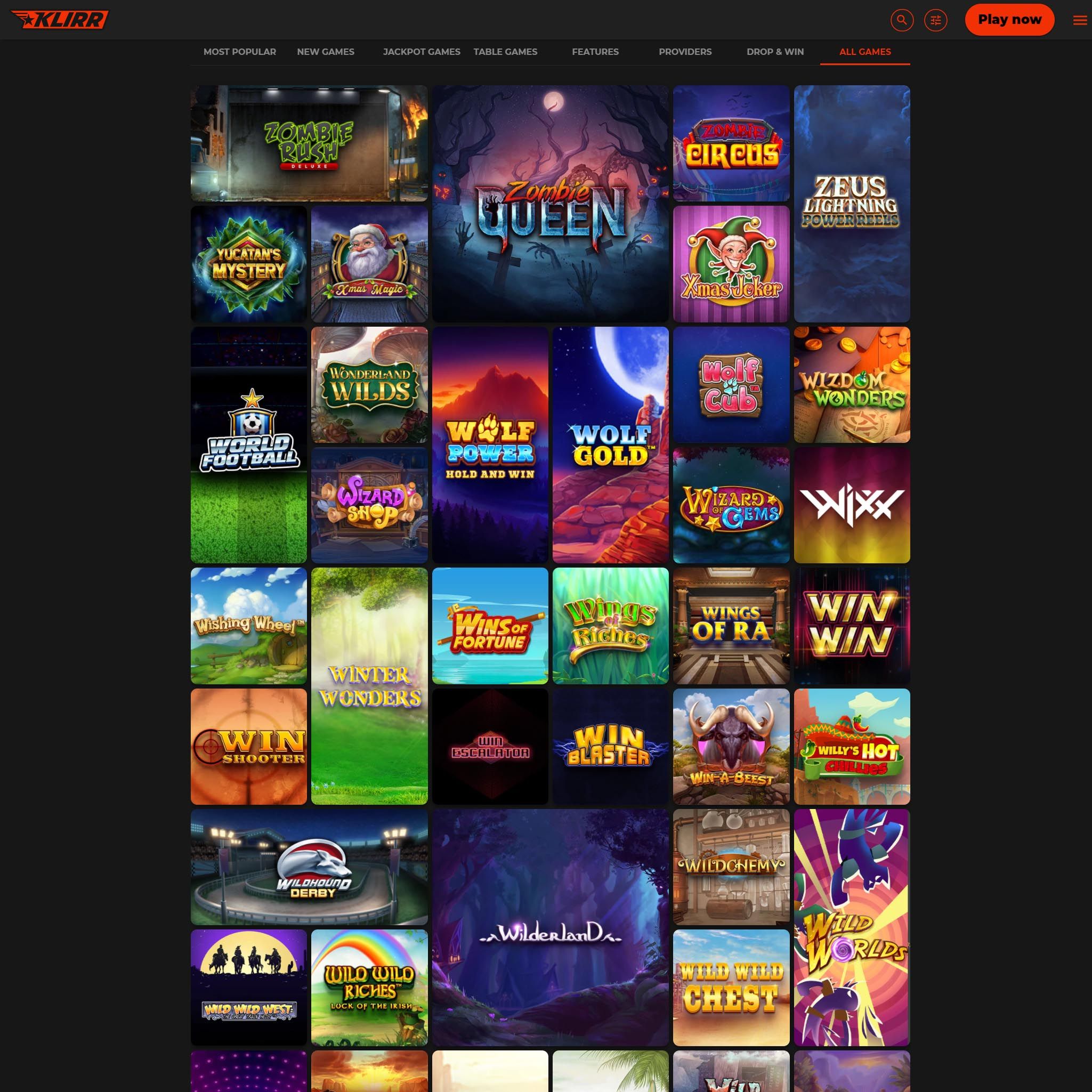 Klirr Casino full games catalogue
