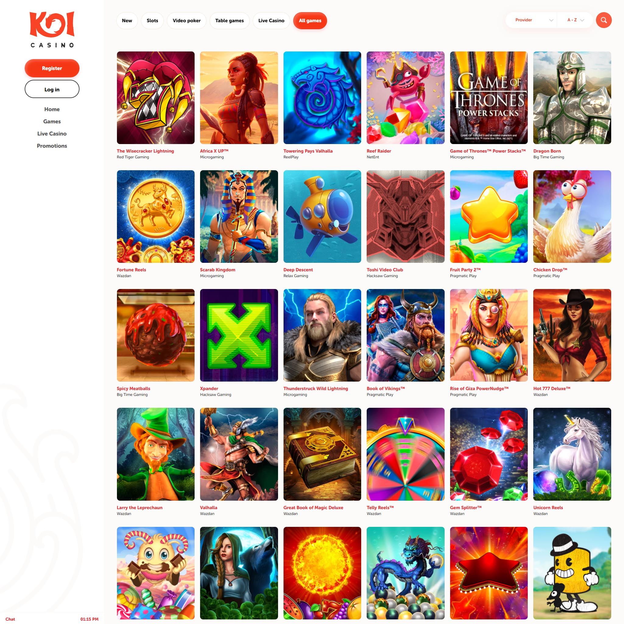 Koi Casino game catalogue