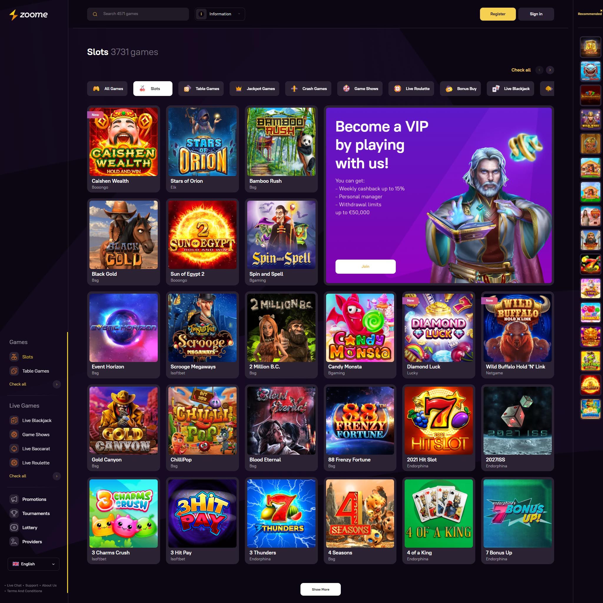 Find Zoome Casino game catalog