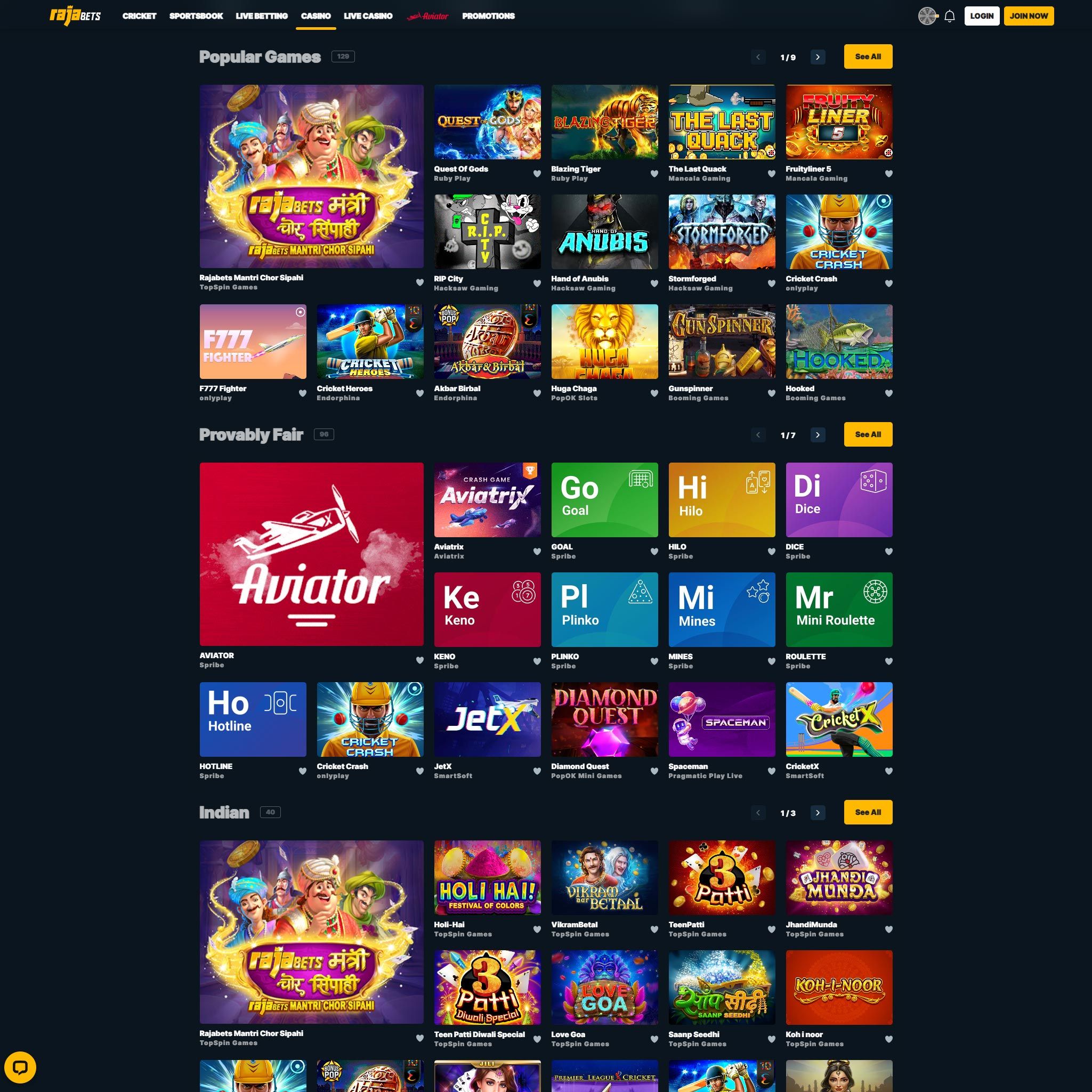 Rajabets Casino game catalogue
