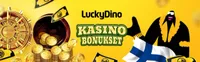 LuckyDino bonus arvostelu. Tervetulobonukset. No deposit bonus todella hyvä. Korkea voittokatto, ei kierrätystä eikä talletusta. Talletusbonukset hyvät-logo
