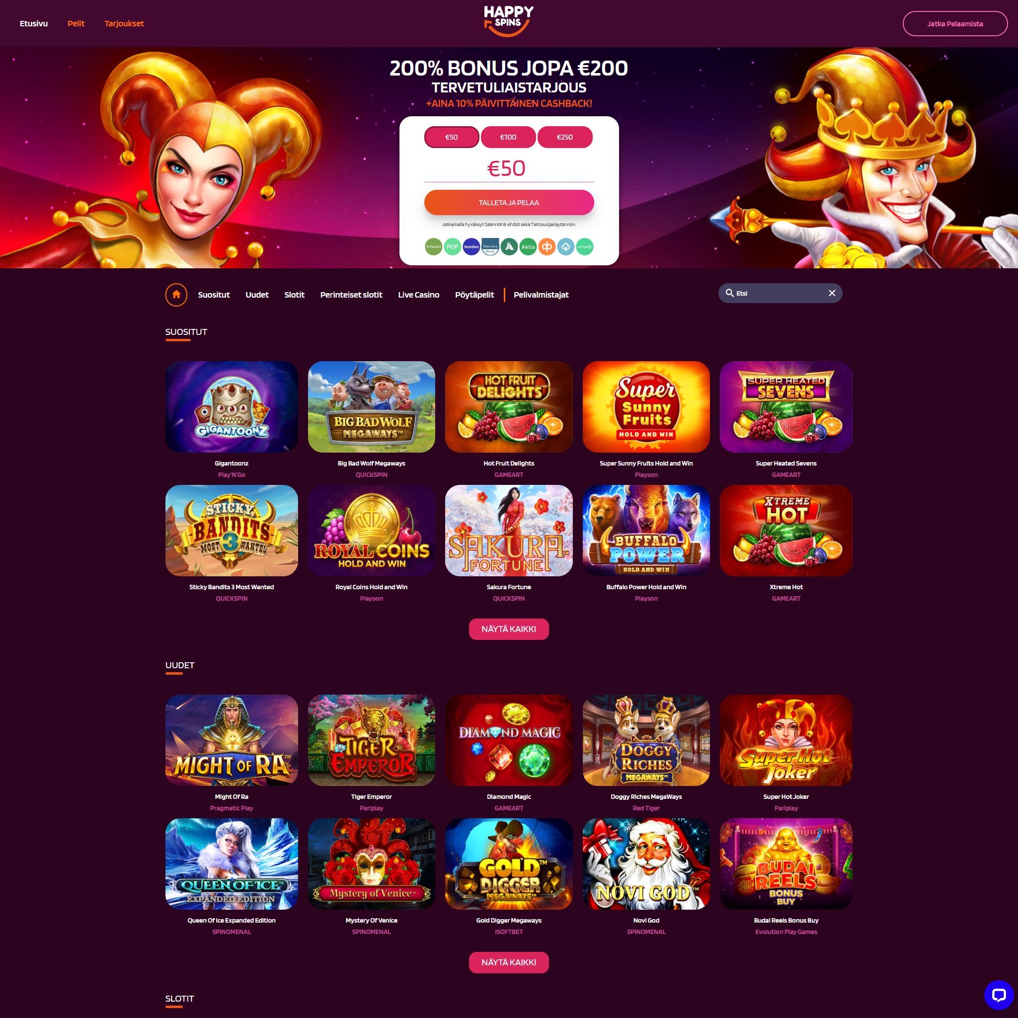 Suomalaiset nettikasinot tarjoavat monia hyötyjä pelaajille. HappySpins Casino on suosittelemamme nettikasino, jolle voit lunastaa bonuksia ja muita etuja.