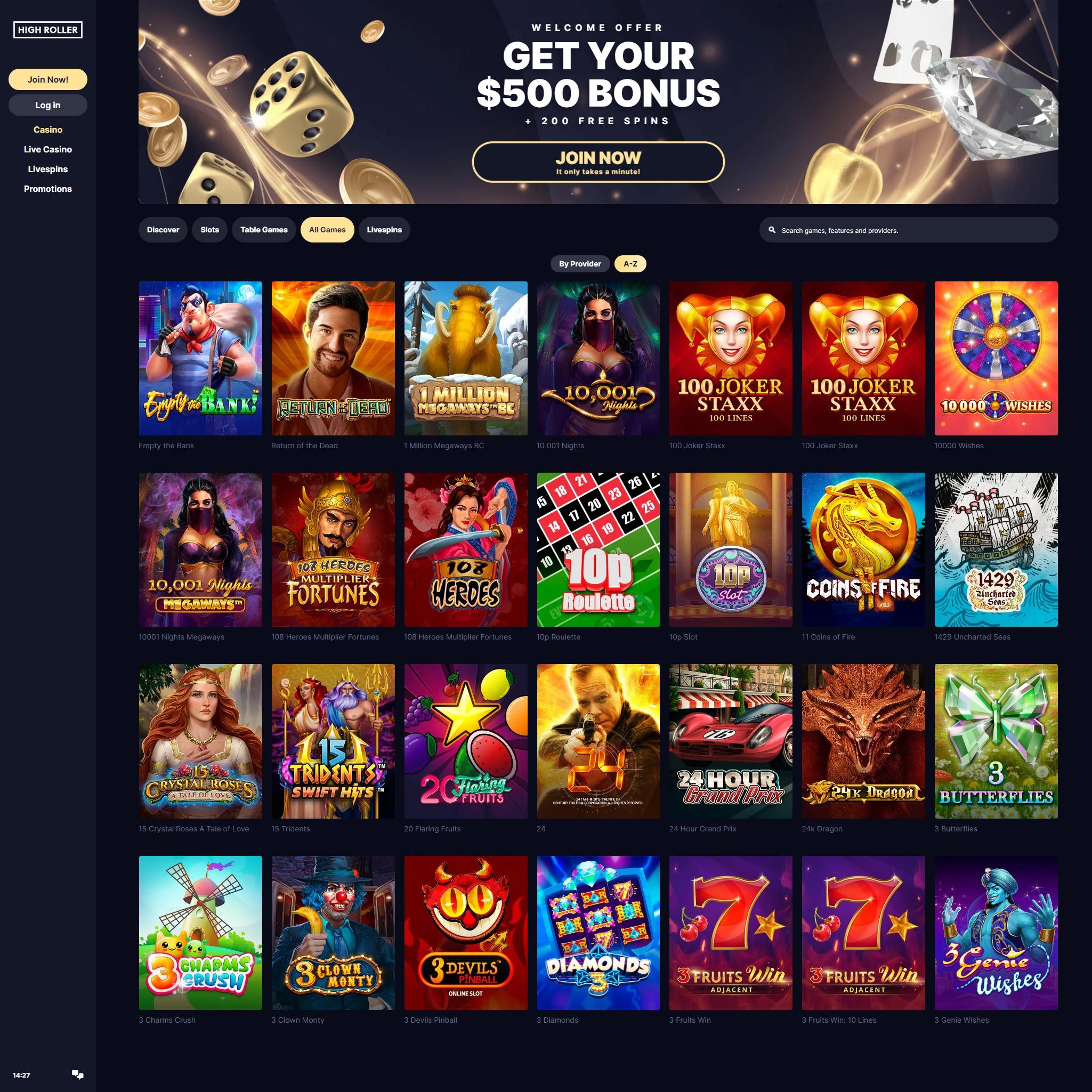 HighRoller Casino full games catalogue