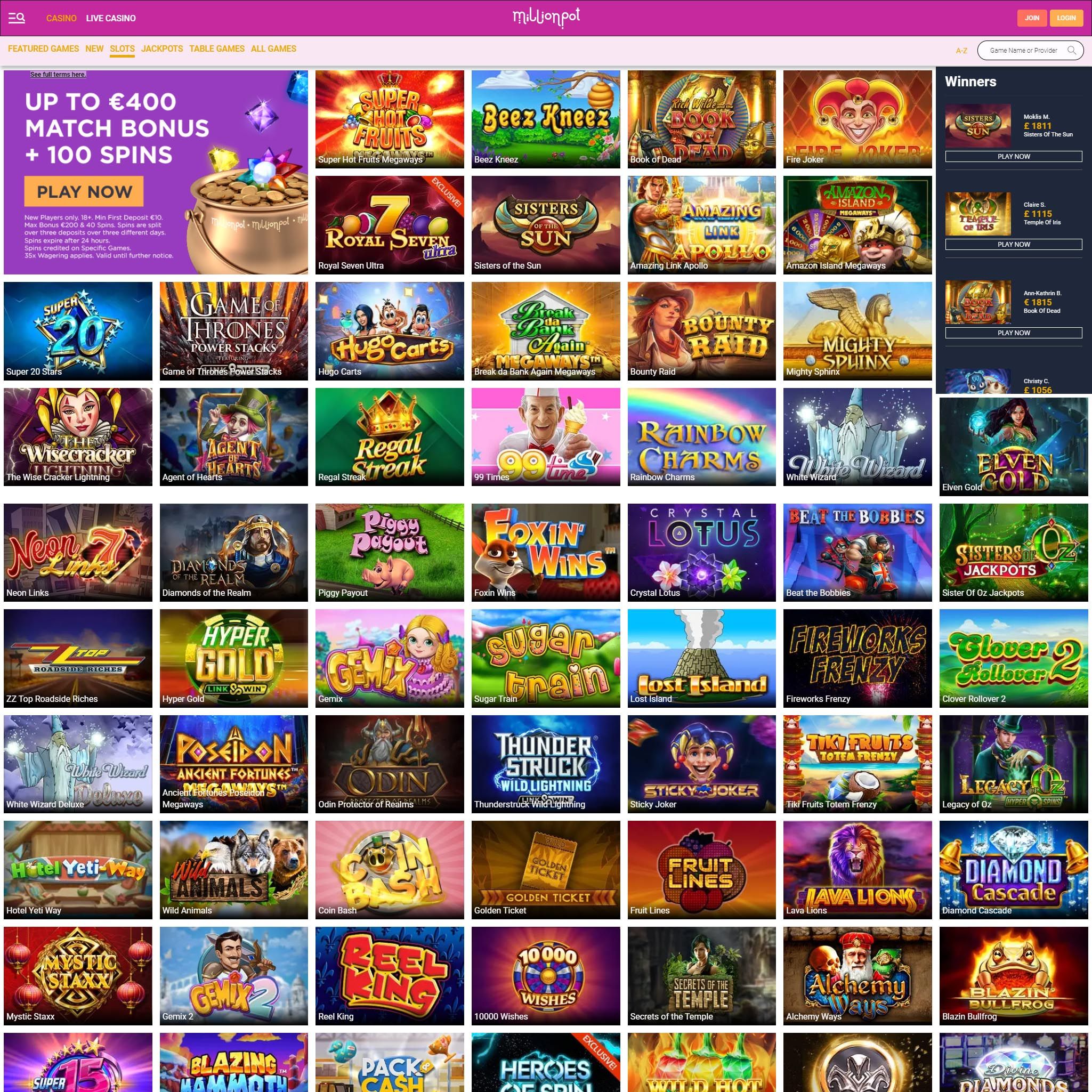 Find MillionPot game catalog