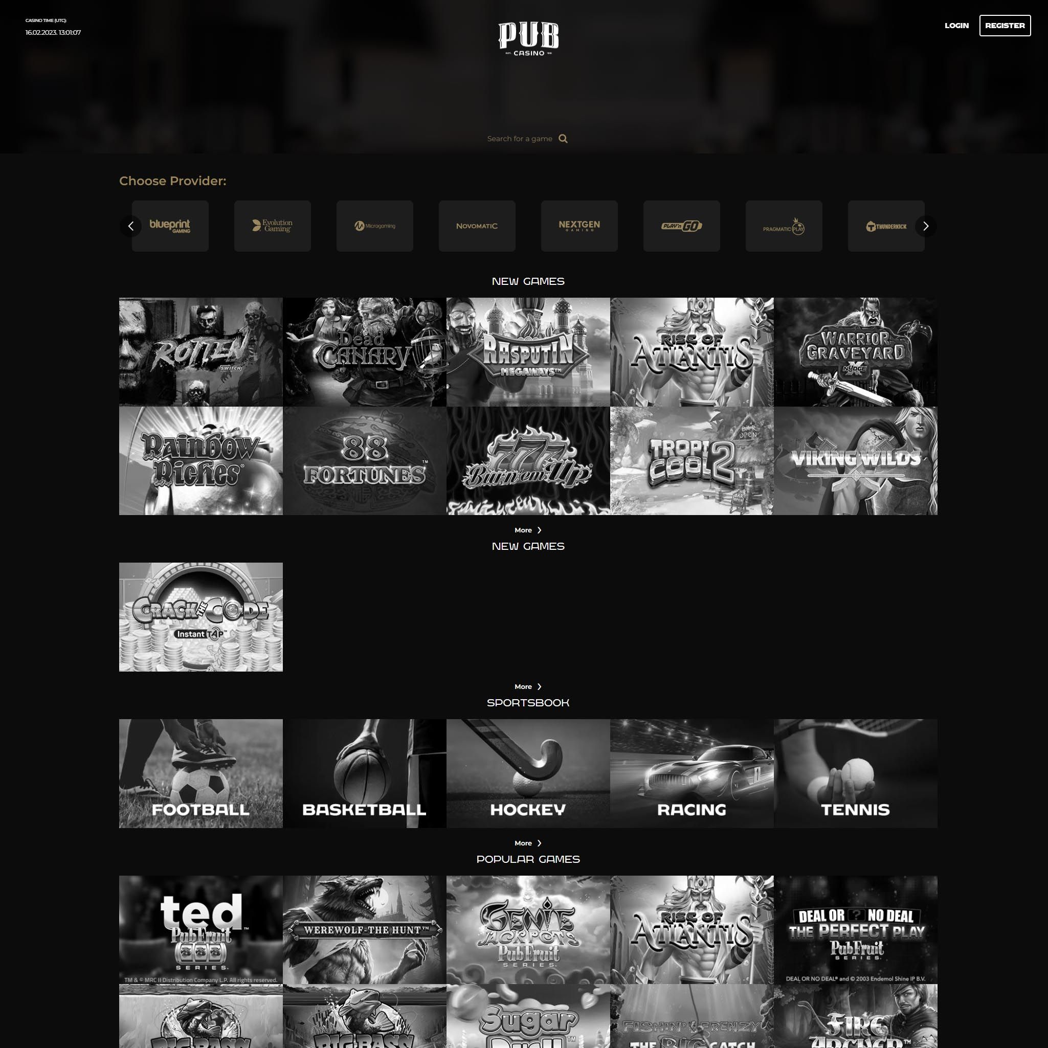 Find PUB Casino game catalog