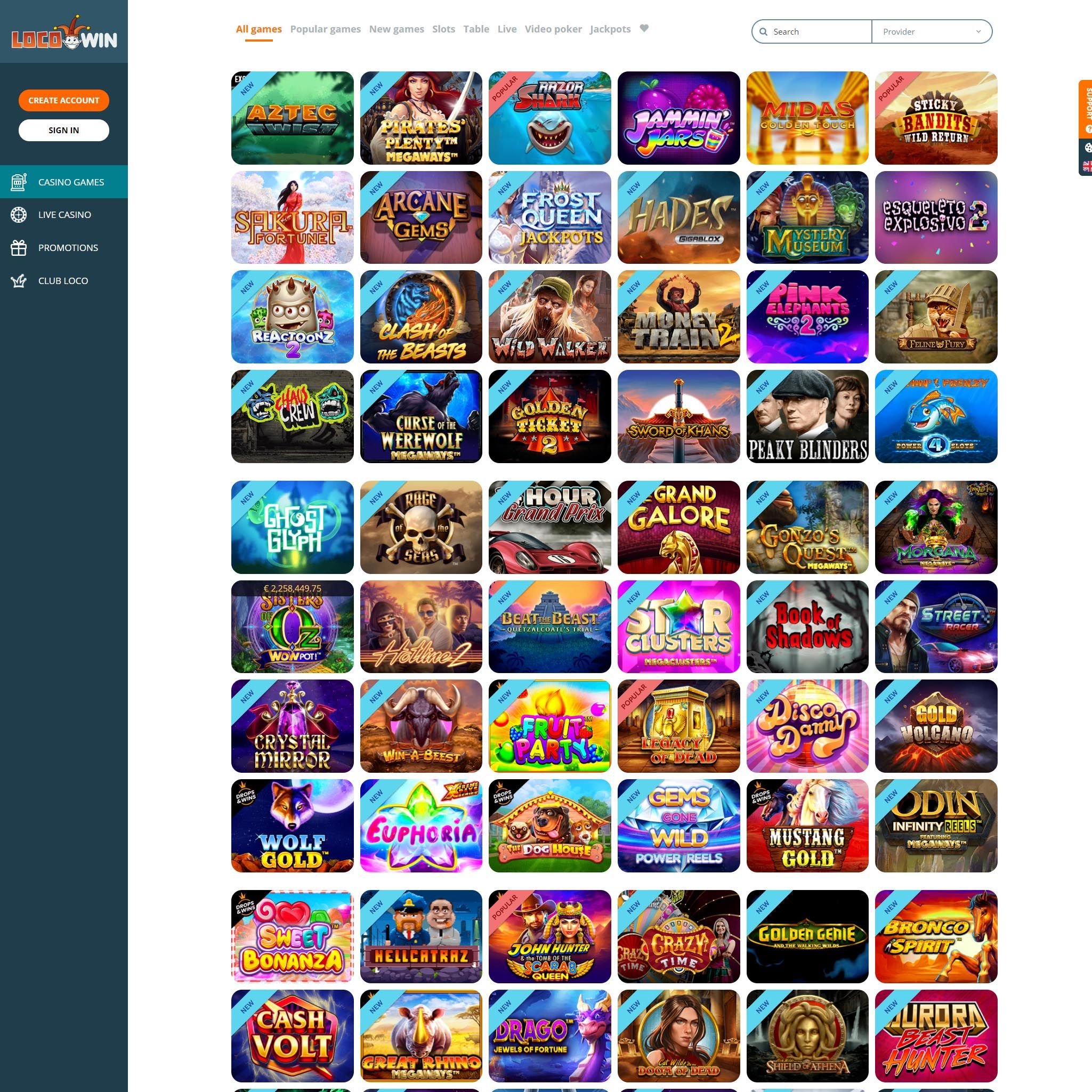 Locowin Casino full games catalogue