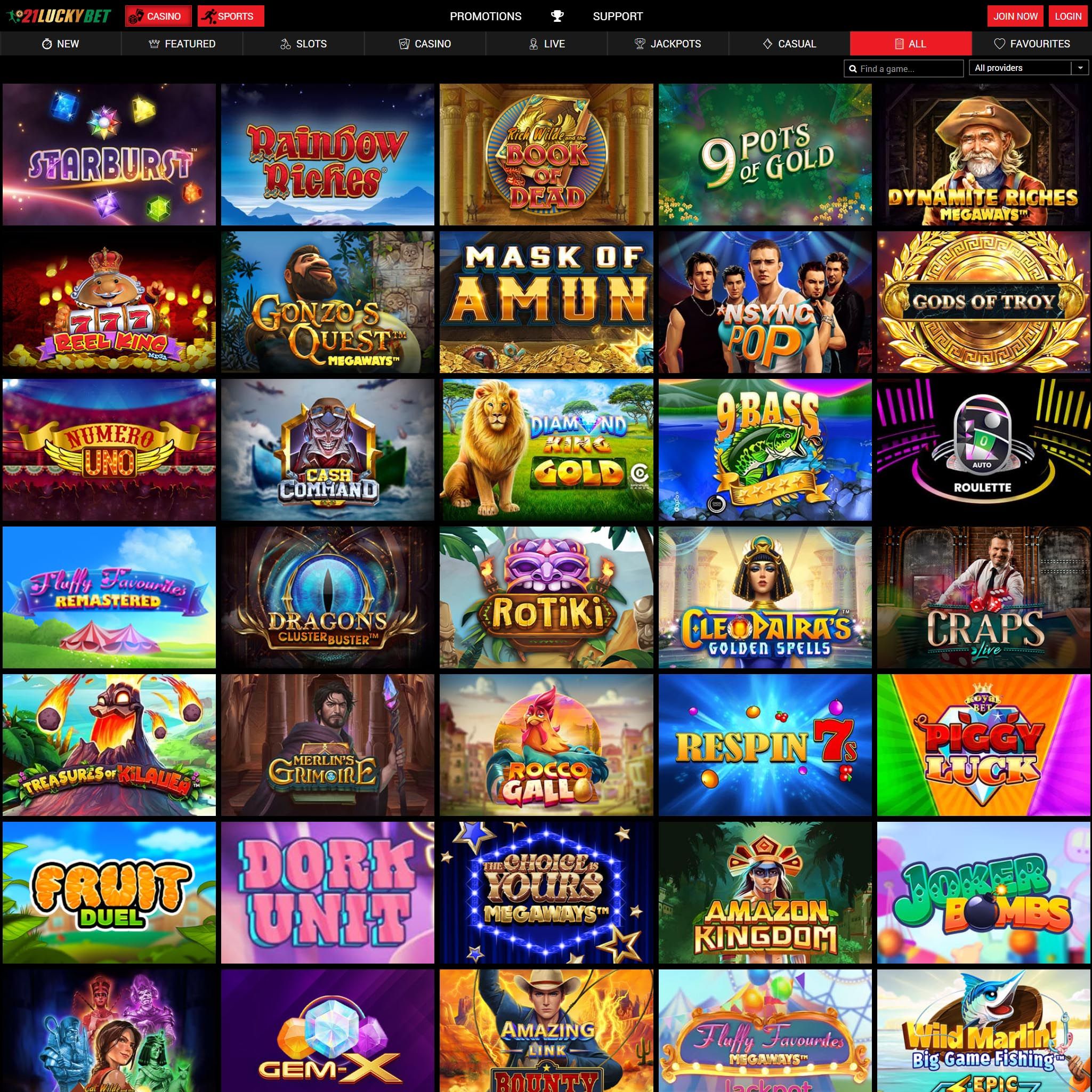 Find 21luckybet game catalog