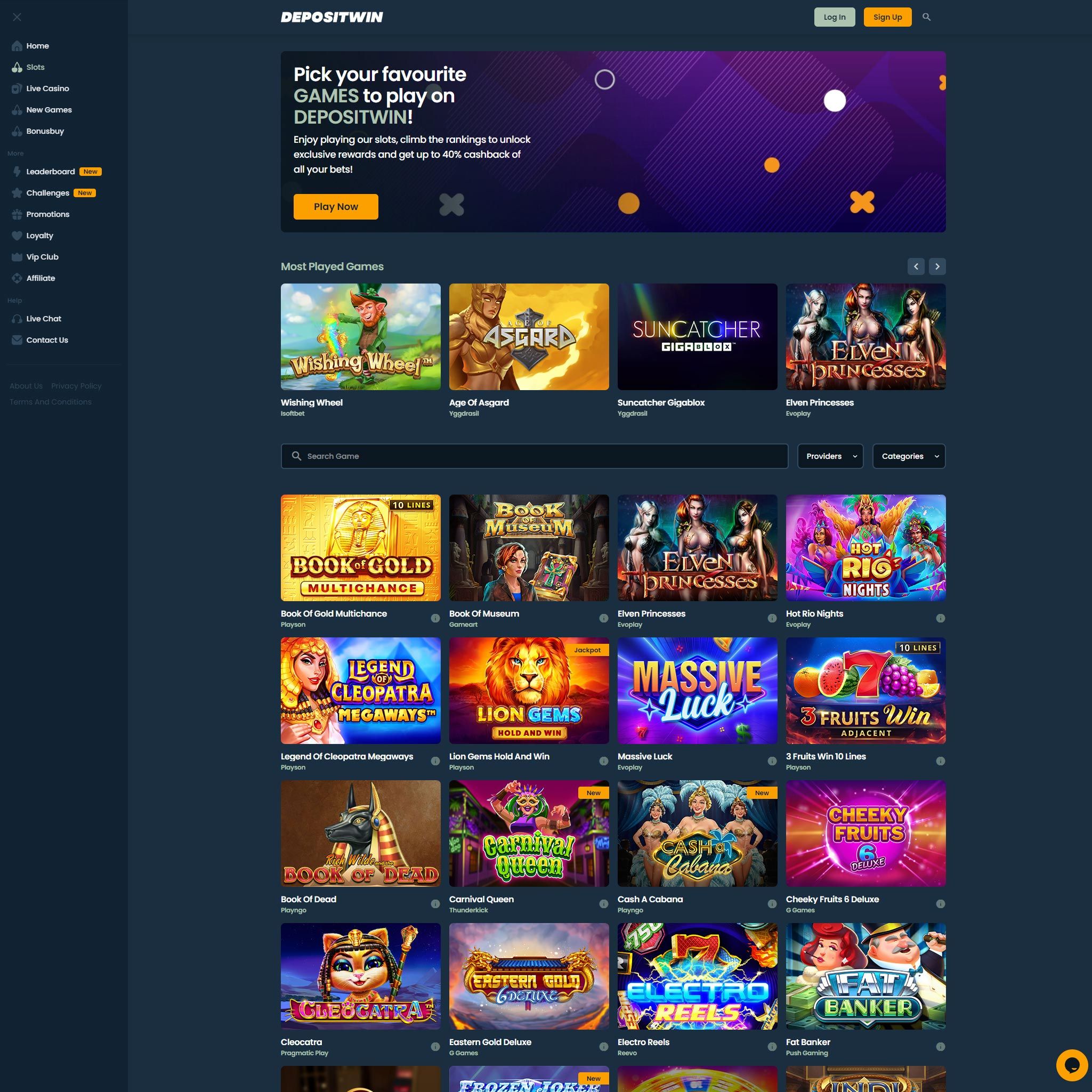 DepositWin Casino game catalogue