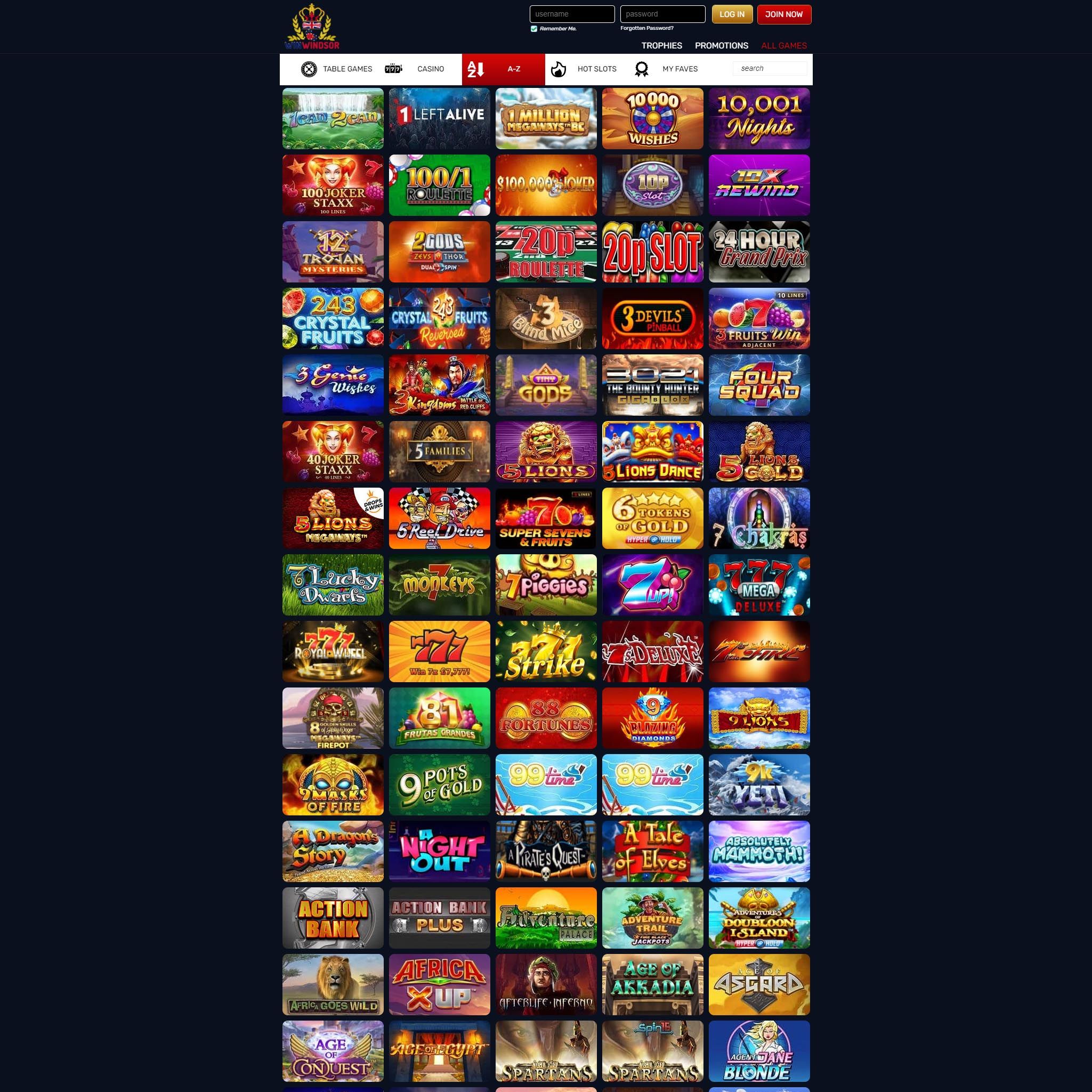 Find Win Windsor Casino game catalog