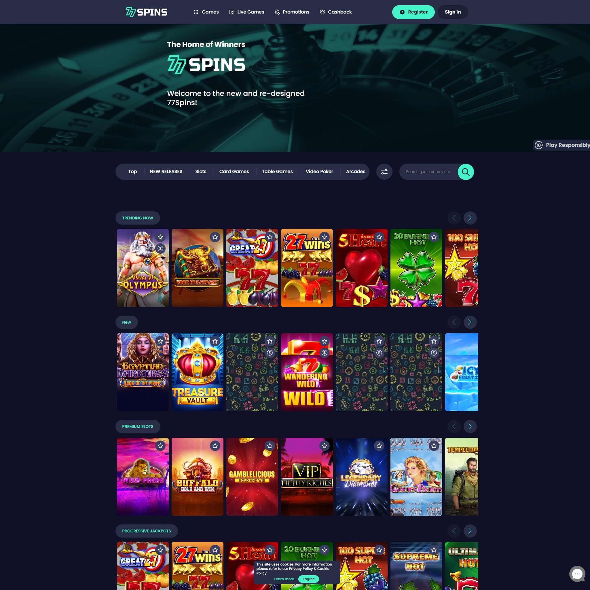 77spins Casino game catalogue