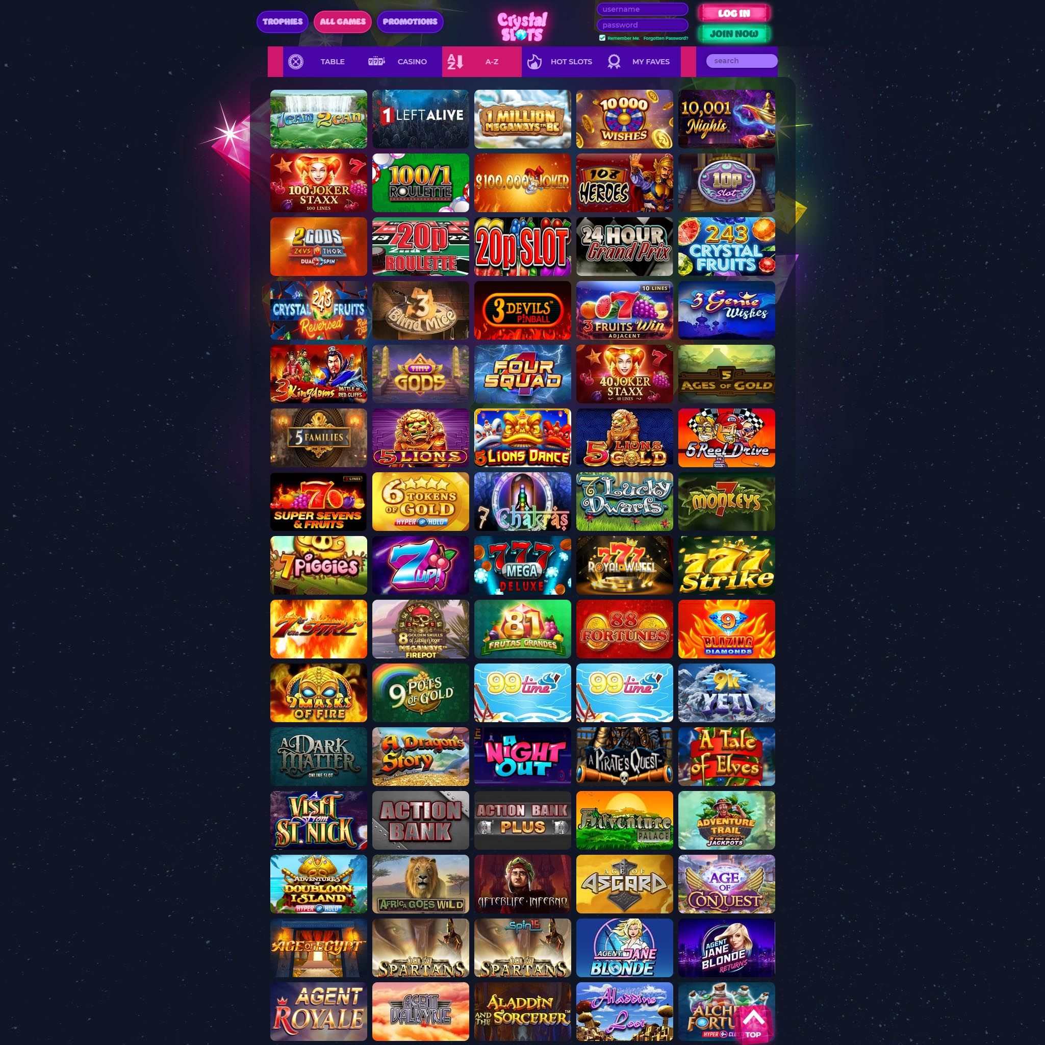Crystal Slots Casino game catalogue