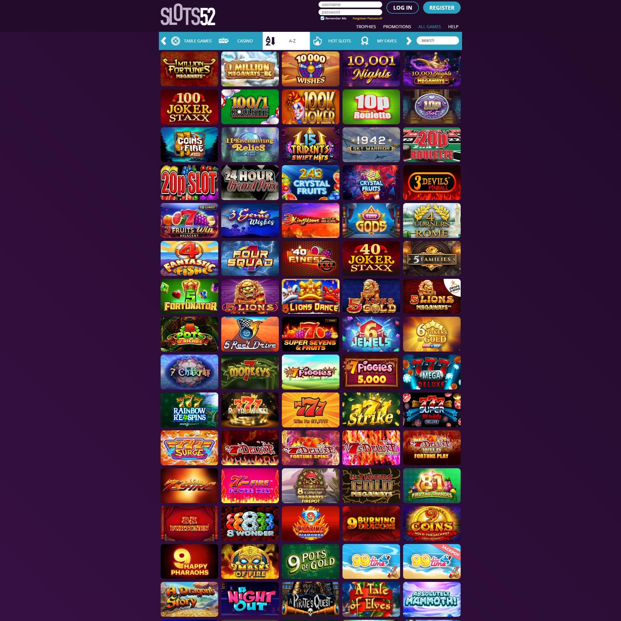 Find Slots52 game catalog